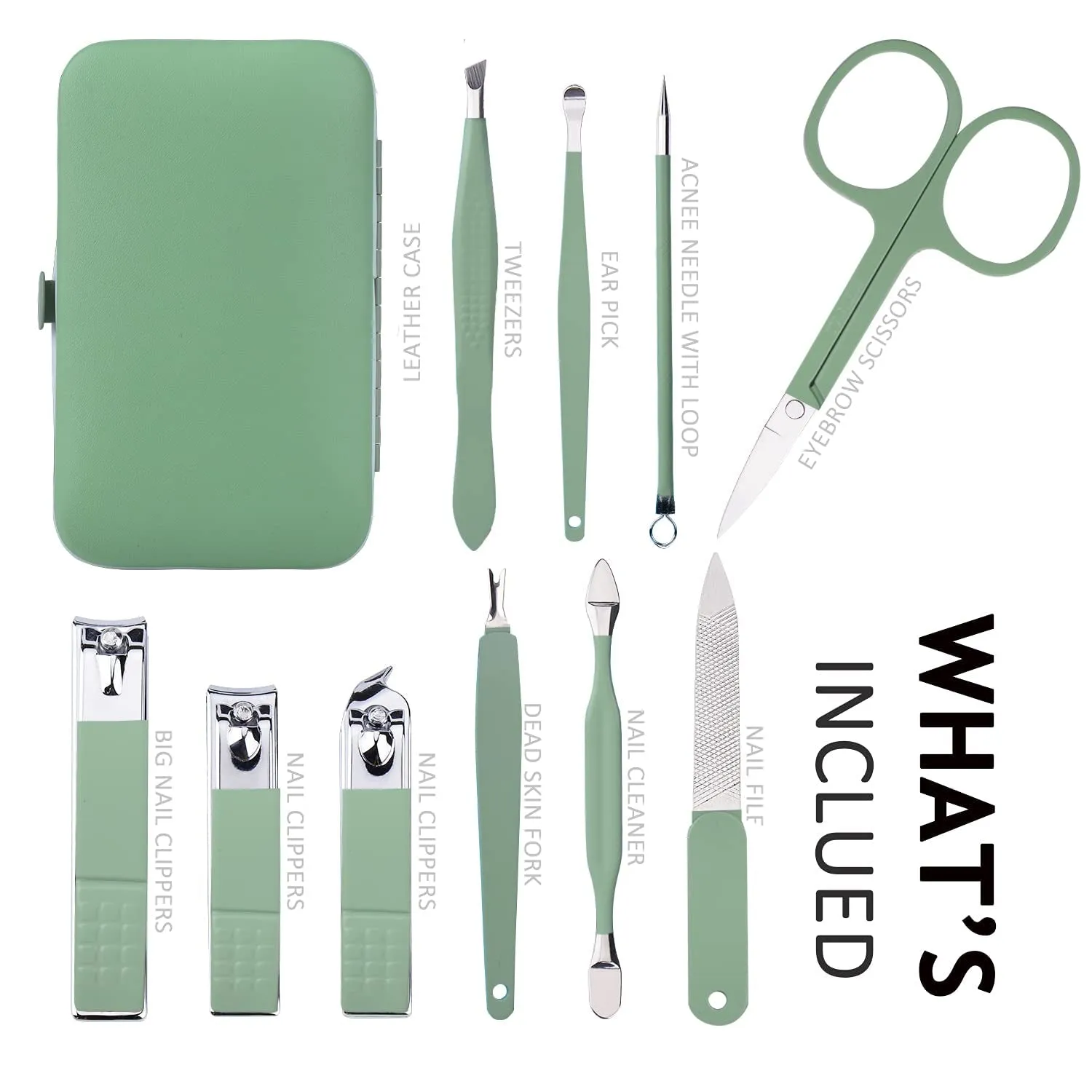 10-Piece Jade Green Stainless Steel Grooming Set - Travel-Friendly Manicure & Pedicure Kit