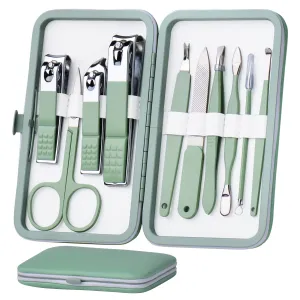 10-Piece Jade Green Stainless Steel Grooming Set - Travel-Friendly Manicure & Pedicure Kit