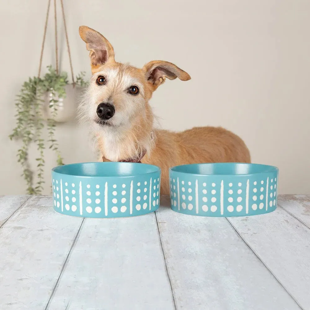 Aztec 2 Piece Dog Food & Water Bowl Set - Turquoise Blue