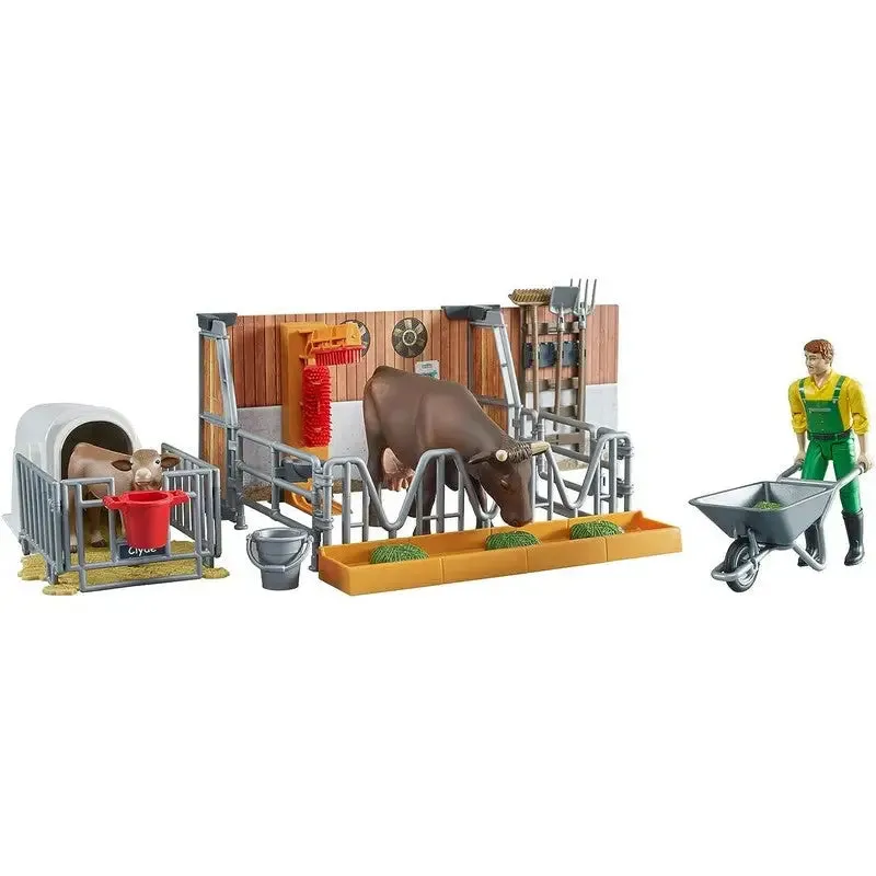 Bruder Bworld Cow Calf and Barn With Farmer Play Set