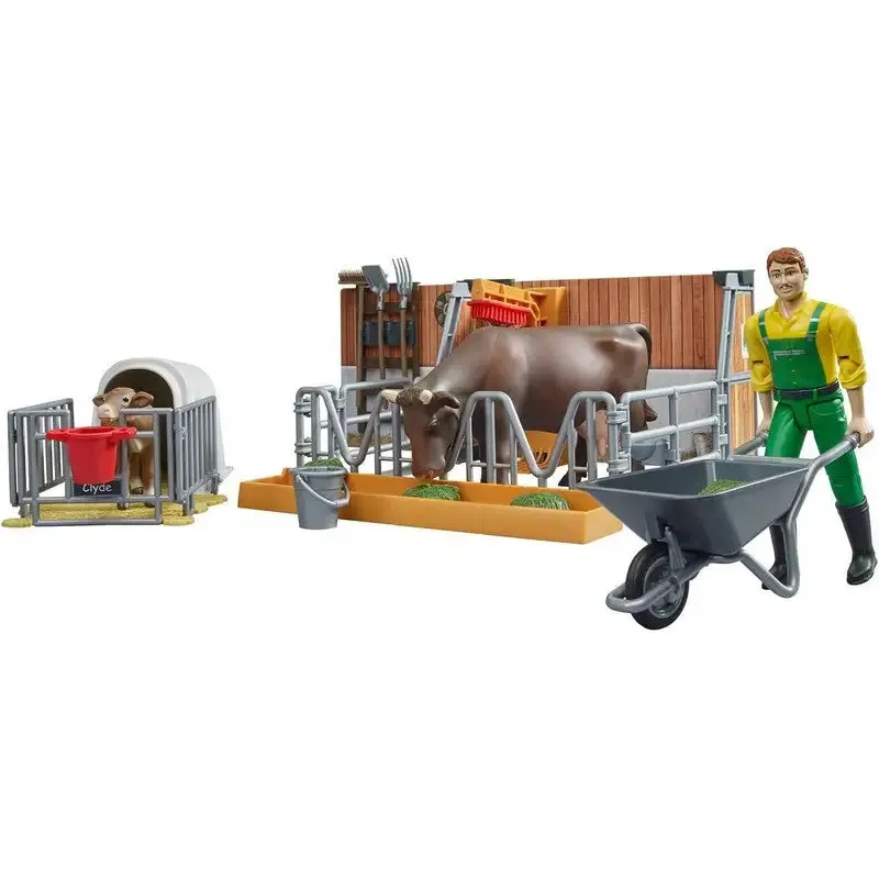 Bruder Bworld Cow Calf and Barn With Farmer Play Set