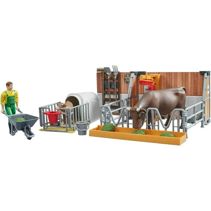 Bruder Bworld Cow Calf and Barn With Farmer Play Set