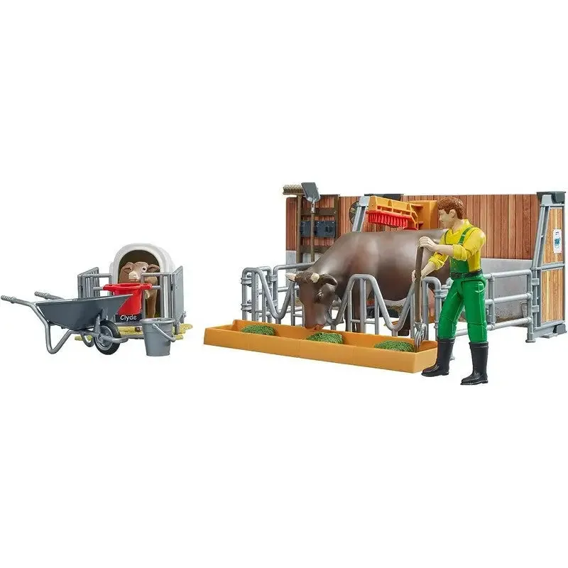 Bruder Bworld Cow Calf and Barn With Farmer Play Set