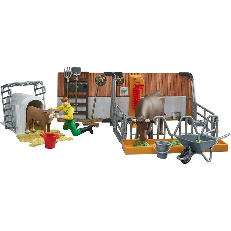 Bruder Bworld Cow Calf and Barn With Farmer Play Set