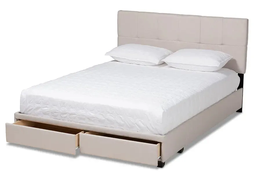 Clara Beige Fabric Upholstered 2-Drawer Platform Storage Bed (Queen)