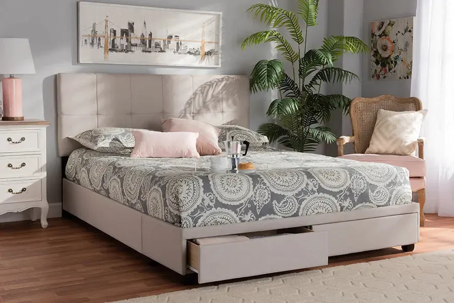 Clara Beige Fabric Upholstered 2-Drawer Platform Storage Bed (Queen)