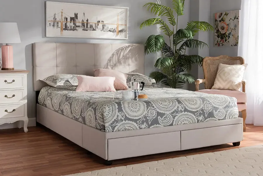 Clara Beige Fabric Upholstered 2-Drawer Platform Storage Bed (Queen)