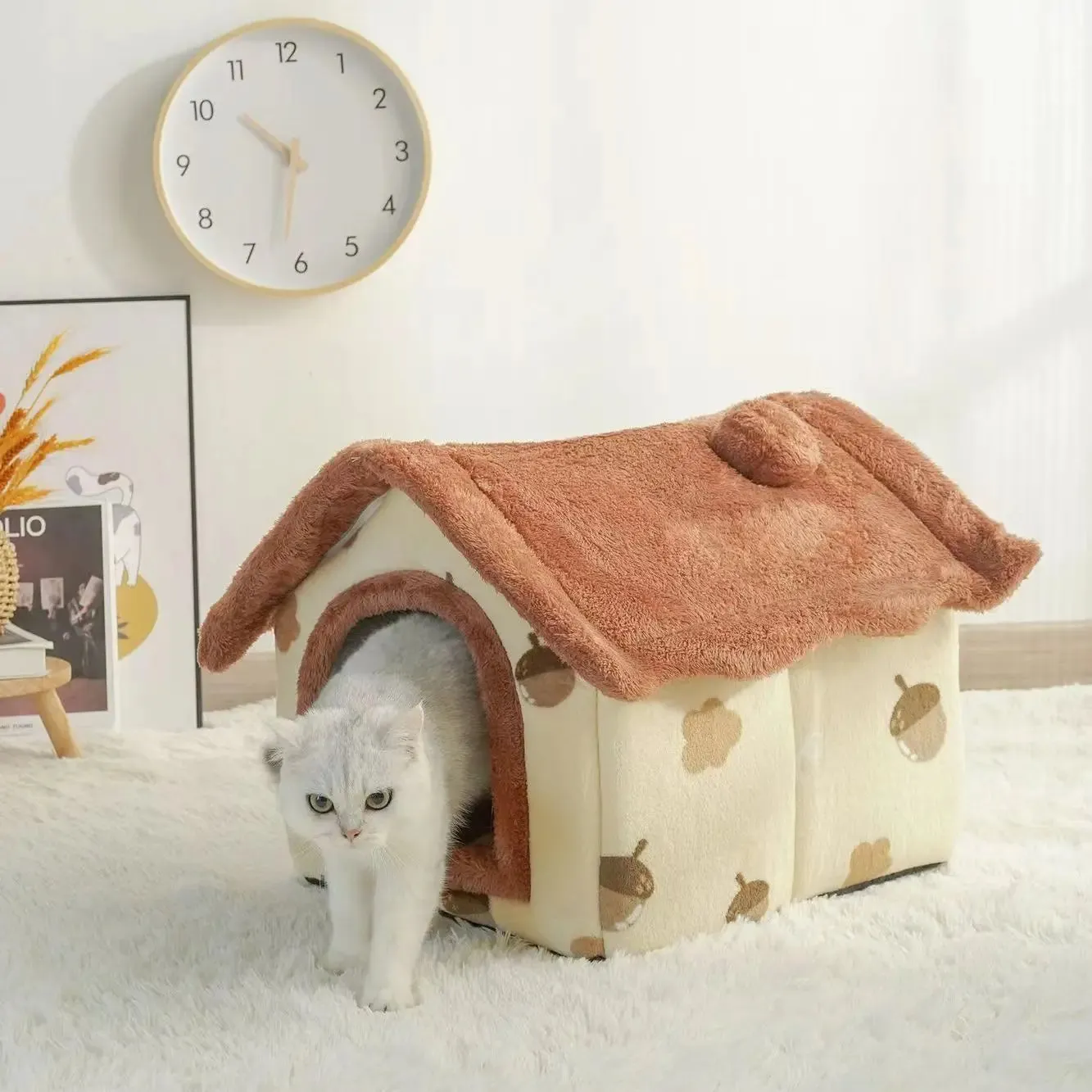 Cute Dog House Bed with Removable Cushion - Soft Coral Fleece Pet Bed for Dogs & Cats, All-Season, Lightweight & Breathable