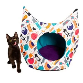 Hooded Cat Bed/Cave with Cat Designs