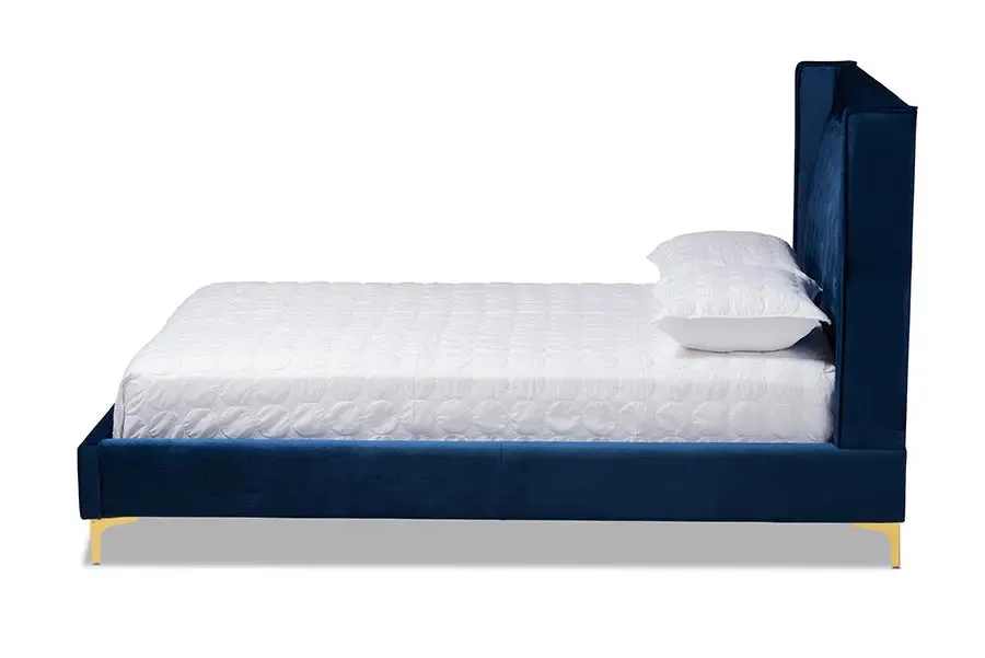 Leilani Navy Blue Velvet Fabric Platform Bed w/Gold-Legs (King)