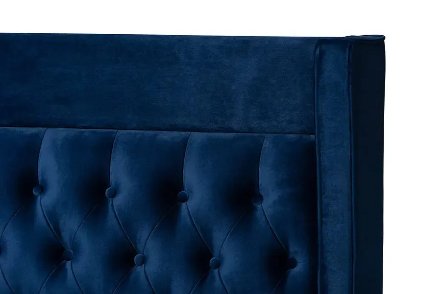 Leilani Navy Blue Velvet Fabric Platform Bed w/Gold-Legs (King)