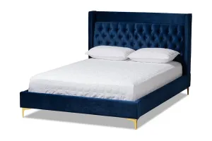 Leilani Navy Blue Velvet Fabric Platform Bed w/Gold-Legs (King)