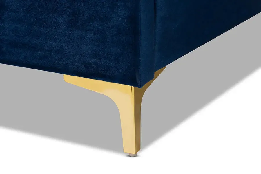 Leilani Navy Blue Velvet Fabric Platform Bed w/Gold-Legs (King)