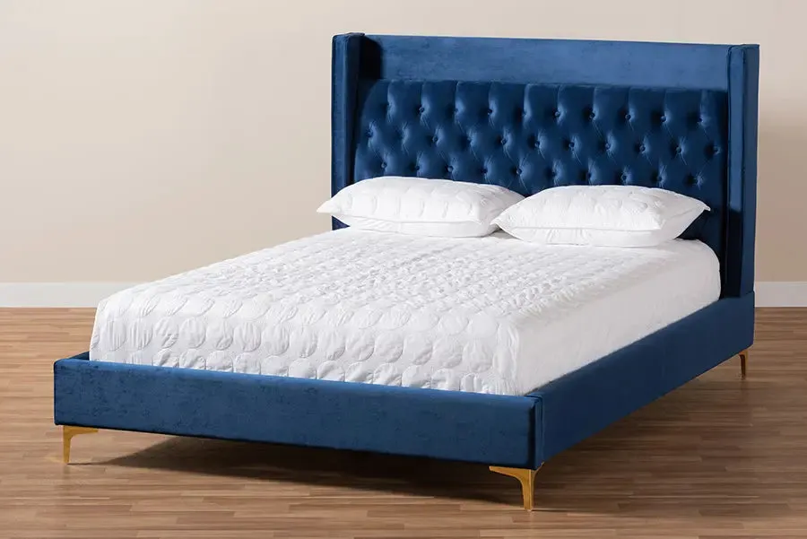 Leilani Navy Blue Velvet Fabric Platform Bed w/Gold-Legs (King)