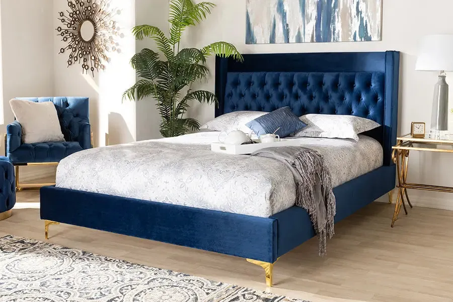 Leilani Navy Blue Velvet Fabric Platform Bed w/Gold-Legs (King)