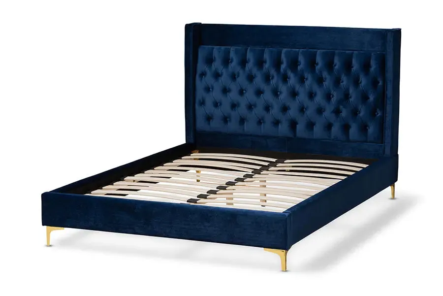 Leilani Navy Blue Velvet Fabric Platform Bed w/Gold-Legs (King)