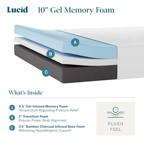 LUCID 10 Inch Memory Foam Mattress - Plush Feel - Bamboo Charcoal and Gel Infusion - Hypoallergenic - Bed in a Box - Temperature Regulating - Pressure Relief - Breathable - Queen Size