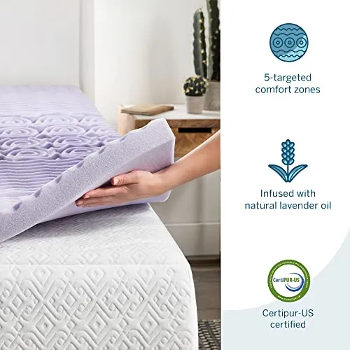 LUCID 2 Inch Mattress Topper Queen - Memory Foam Mattress Topper Queen - 5 Zone Gel Infusion - CertiPur Certified Foam - Twin XL Size - Dorm Room Essentials