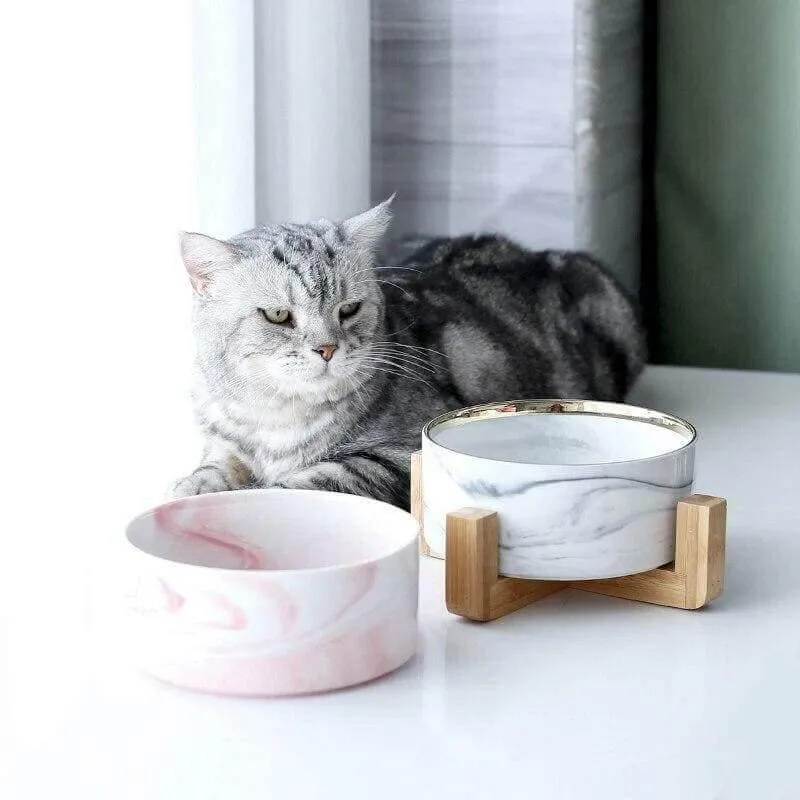 Marble and Bamboo Pet Bowl