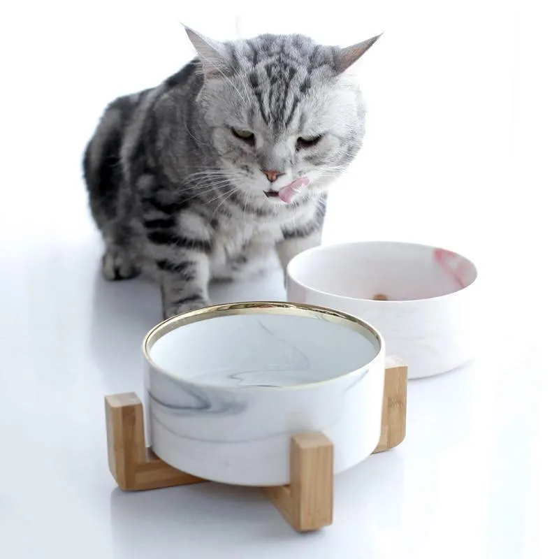 Marble and Bamboo Pet Bowl