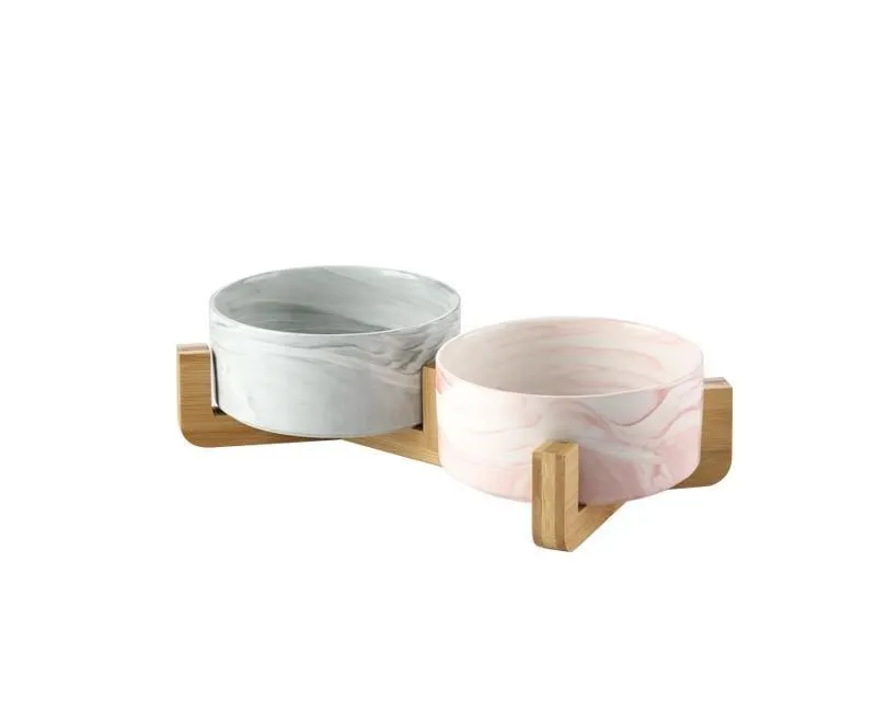 Marble and Bamboo Pet Bowl