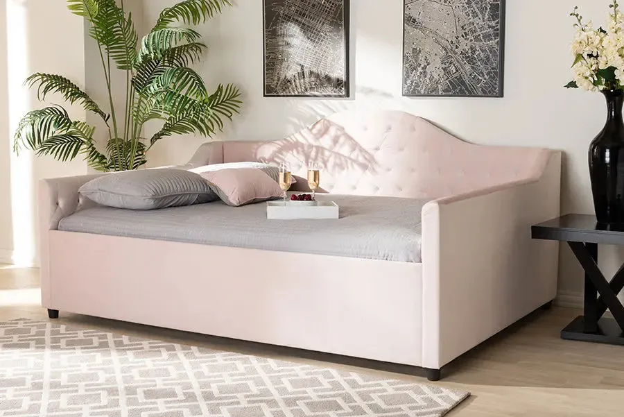 Mira Light Pink Velvet Fabric Upholstered and Button Tufted Queen Size Daybed