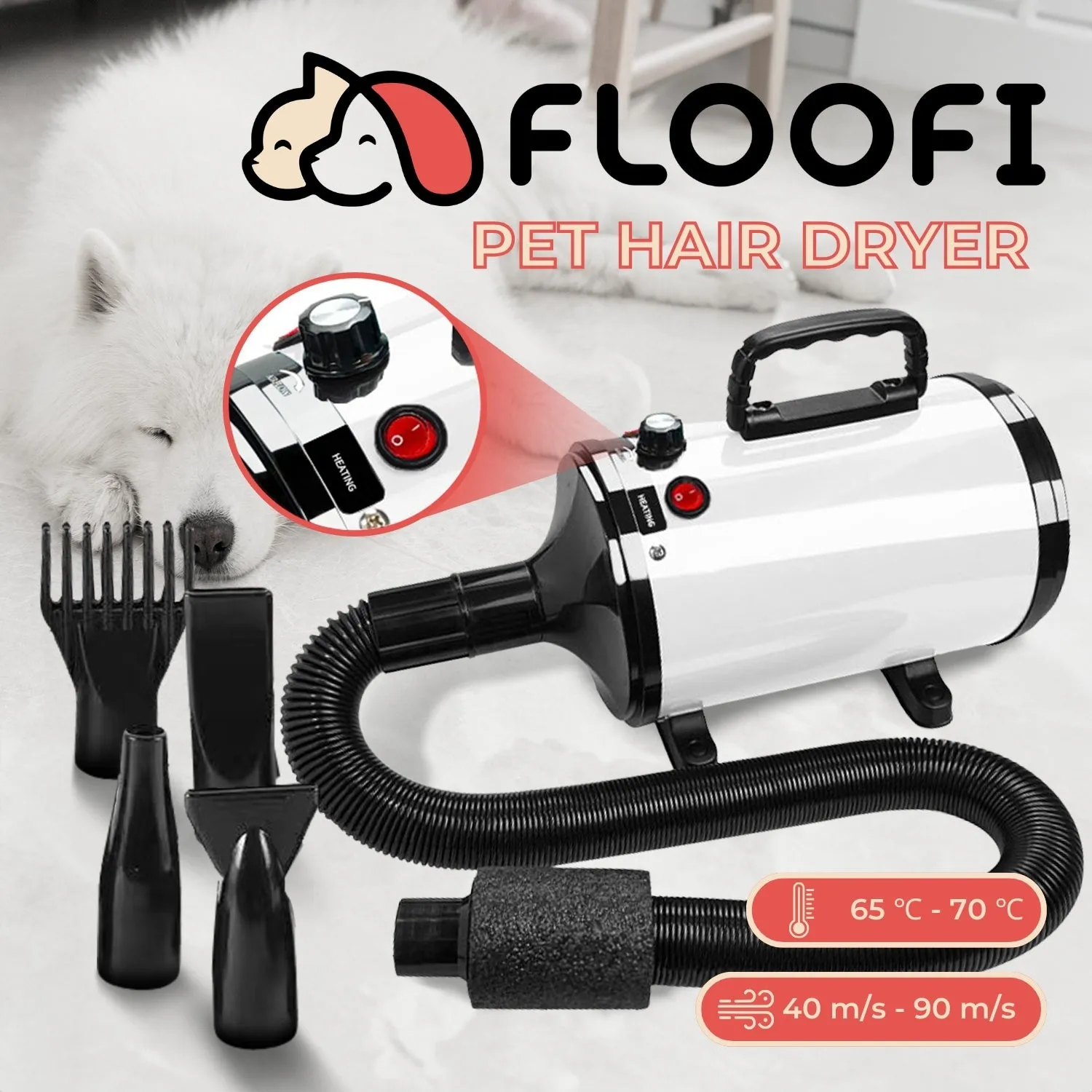 Pet Hair Dryer with Nozzle Options, Thermal Control - FLOOFI