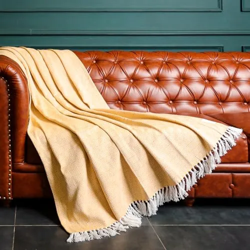 RoyalMantle Cotton Sofa Throw Decorative Luxurious Cozy Comfort - Mustard Yellow Colour (Size - 130 X 180 CM) Diamond Design