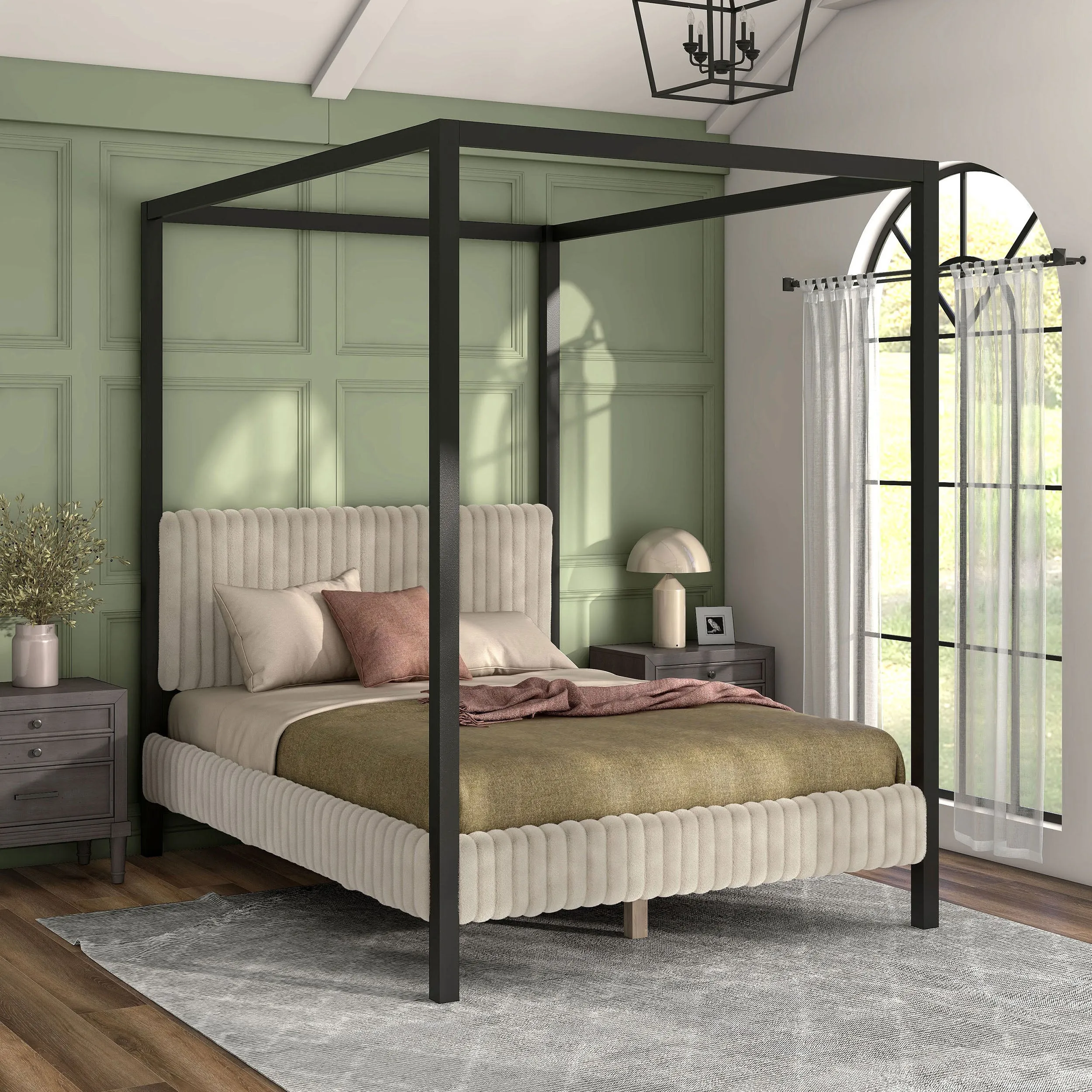 Terry Poplar Wood Frame Queen Canopy Bed with Fabric Upholstery