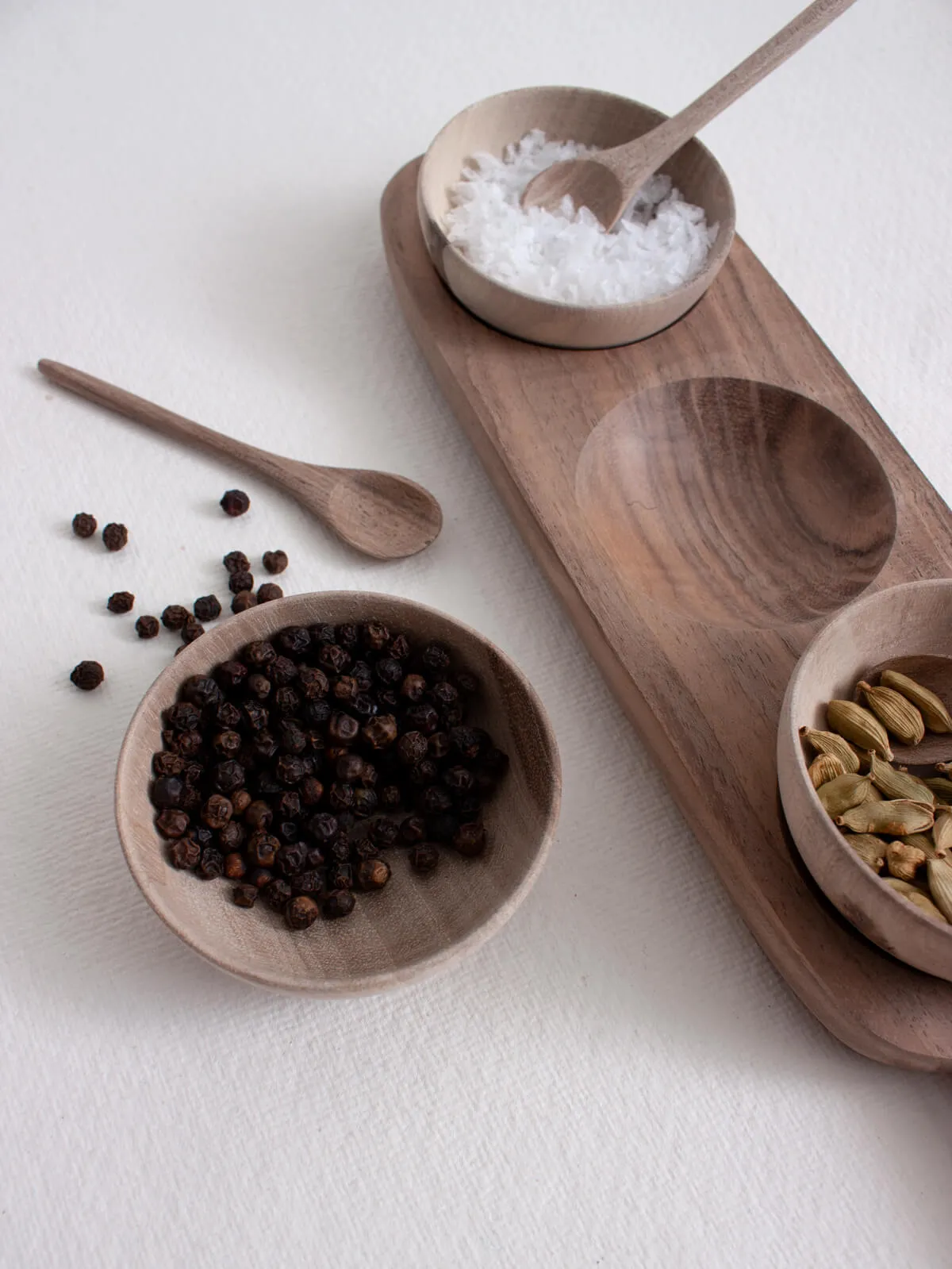 Walnut Wood Tray with Mini Spice Bowls, Set of 3