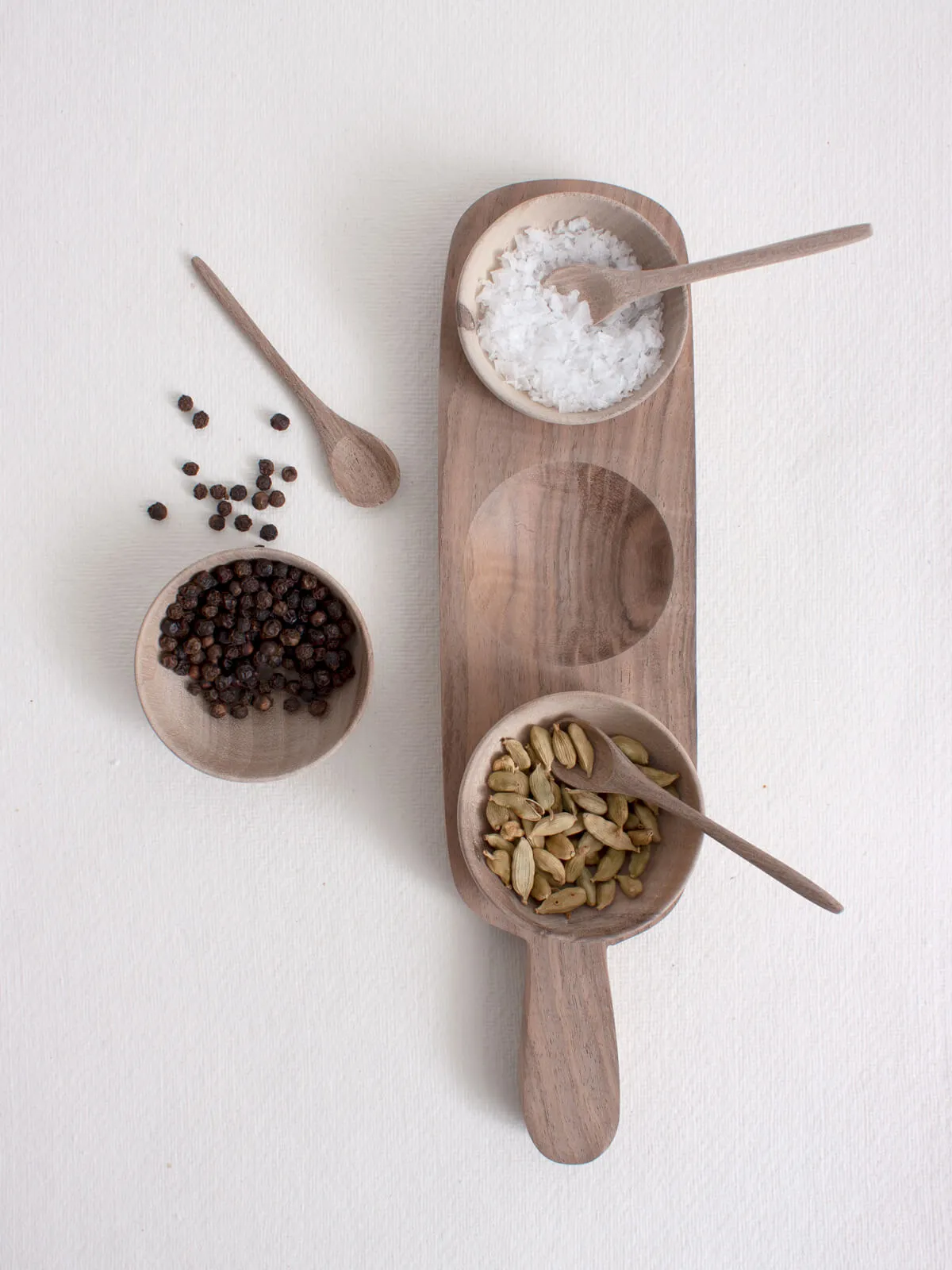 Walnut Wood Tray with Mini Spice Bowls, Set of 3